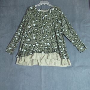 Logo Lori Goldstein Top Womens XL Green Leopard Long Sleeve Ruffle Hem Casual